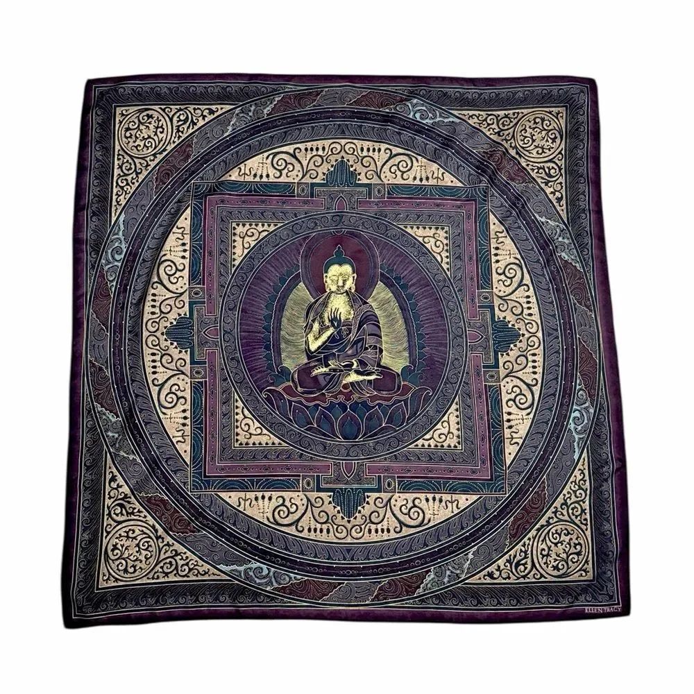 Linda Allard Ellen Tracy Silk Scarf Buddha Mandala Print Plum Bronze Korea Vtg